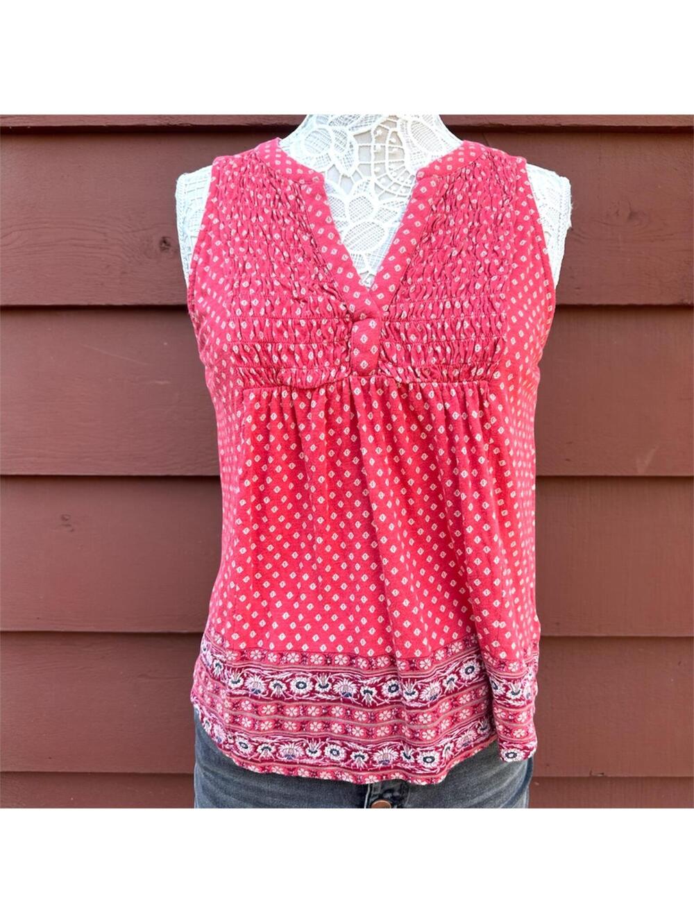 Lucky Brand Red Boho Smocked Pintuck Tank Top